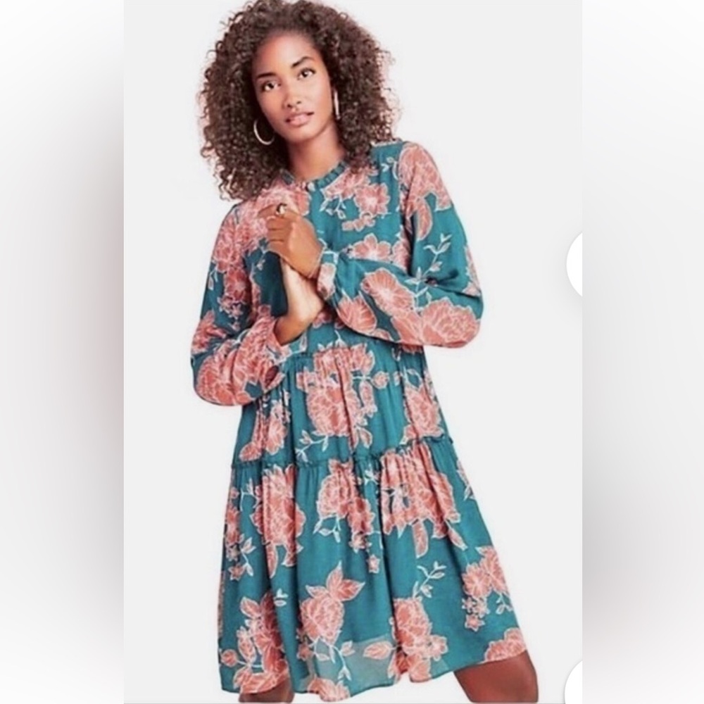 Anthropologie Maeve Esther Tiered Tunic Dress. Size XS. Green/peach floral